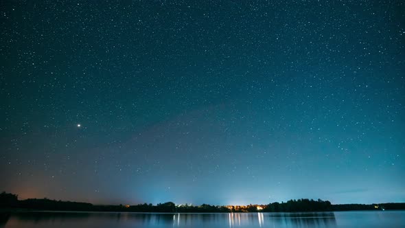 Lyepyel District, Vitebsk Province, Belarus. Real Colorful Night Stars Above Lepel Lake. Natural alt