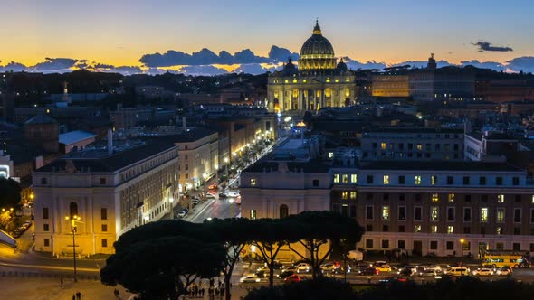 St.peter Basilica Vatican Illuminated By Night Lights at Dusk Hour in Italy