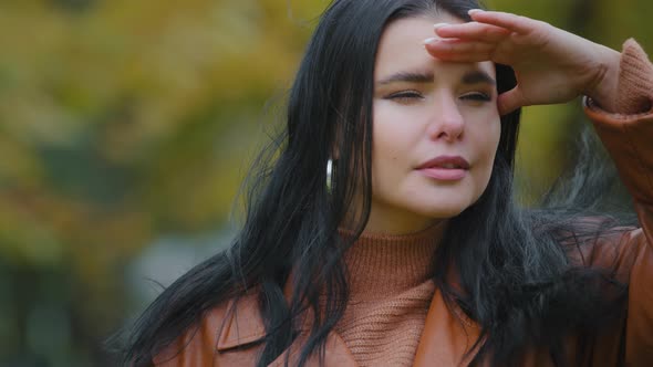 Portrait Young Hispanic Brunette Woman Stands Outdoors in Autumn Park Serious Pensive Girl Looks Out alt