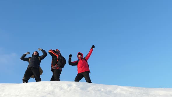 Tourists Met on Top of Success. Alaskan Travelers Go To the Top of a Snowy Hill and Rejoice in alt