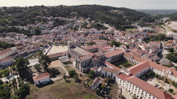 Birds eye view of Gothic style architecture, Monastery of Alcobaça, landmark of Portugal. alt