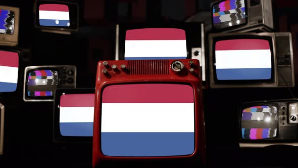 Flag of the Kingdom of the Netherlands on Retro TVs. 4K.