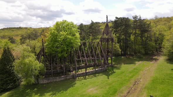Aerial View of a wooden church in the village of Debrad in Slovakia alt