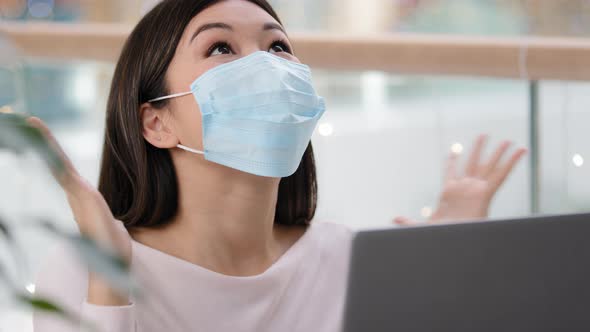 Portrait Asian Successful Girl in Medical Protective Mask Business Woman Looking Laptop Receives alt