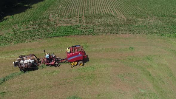 Aerial View of an Amish Farmer Harvesting His Crop with 4 Horses and Modern Equipment alt