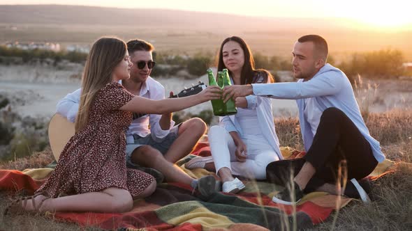 Cheerful People Cheering with Beer and Smiling While Sitting at a Summer Picnic alt