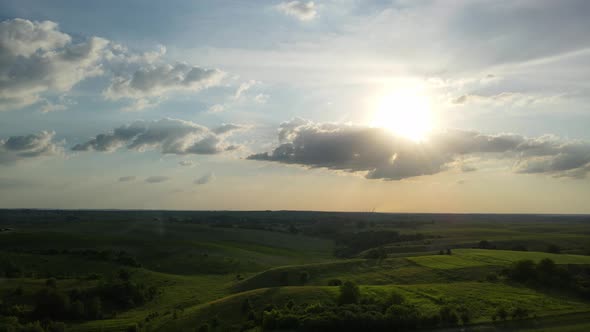 Aerial Shot Of The Countryside Over The Grain Fields Of Ukraine. Agriculture