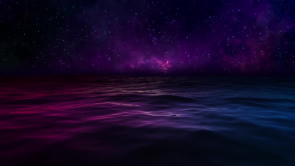 Beautiful Ocean Under Night Sky Blue And Red Reflections With Falling Stars Loop 4k