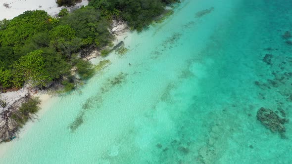 Tropical aerial clean view of a sandy white paradise beach and aqua blue water background alt