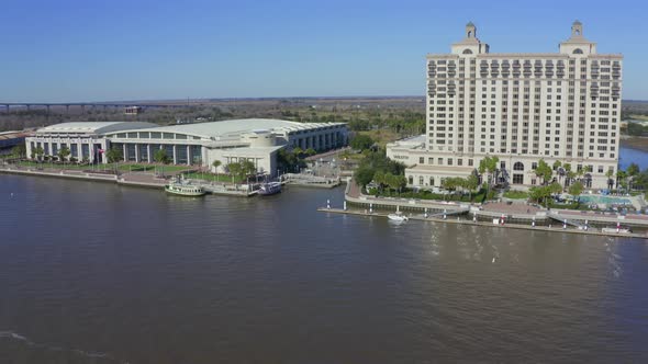 Aerial view of Savannah River conference center with Talmadge Memorial Bridge alt