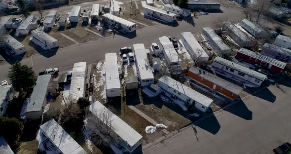 Wyoming mobile home park thrifty living in 2022 housing crisis during inflation. Establishing shot f alt