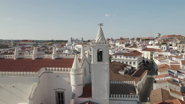 Aerial view Saint Francis or Sao Francisco church with Portuguese cathedral in background, Evora