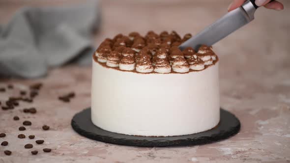Woman Hands Cutting Delicious Tiramisu Cake alt