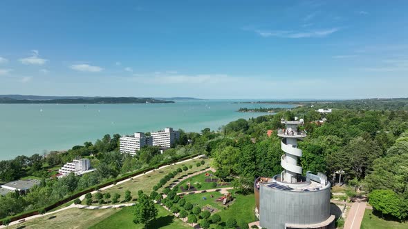 Aerial view of the lookout tower and Lake Balaton in Hungary
