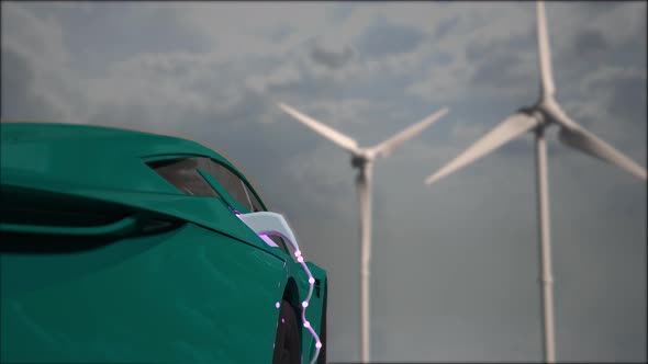 Generic electric green car charging with wind turbines in background