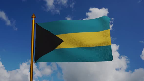 National flag of Commonwealth of The Bahamas waving with flagpole and blue sky alt
