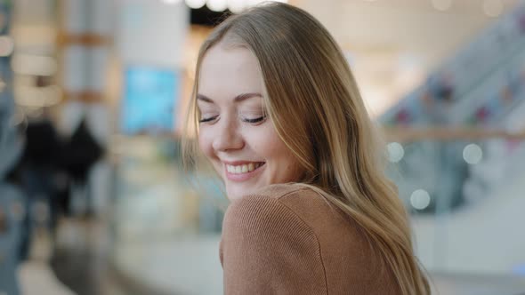 Close Up Female Portrait Perfect Face with Beautiful Soft Skin Smiling Caucasian Girl Looking at alt