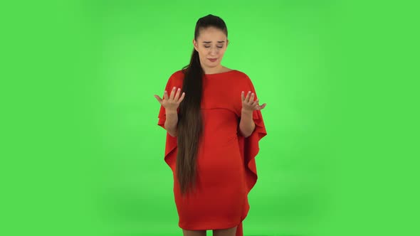 Pretty Young Woman Is Pointing Herself, Say Who Me No Thanks i Do Not Need. Green Screen alt
