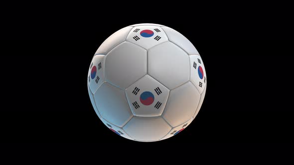 Soccer ball with flag South Korea, on black background loop alpha
