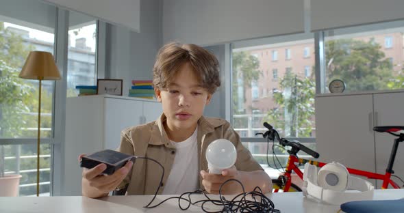 Teen Boy Looking at Camera Present Scientific Project at Online Lesson alt