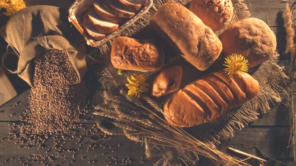 Still life with Bread, Wheat, Flour and Flowers. alt