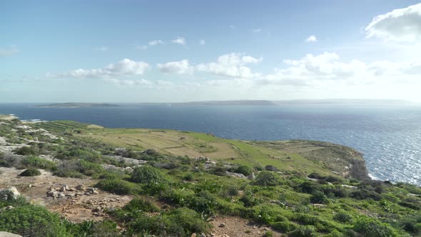 Panoramic View of Mediterranean Sea and Green Plains in Winter on Gozo Island