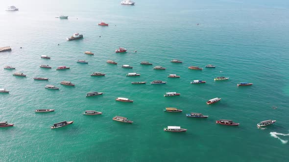 Aerial Lot of Fishing Dhow Boats Anchored at the Seaport in Stone Town Zanzibar alt