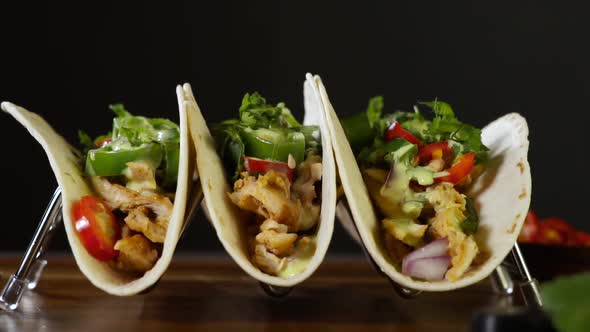 Chicken Tacos and Beer on Wood Board
