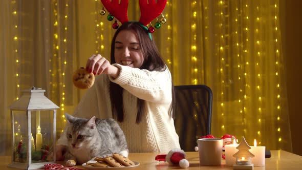 Happy Woman Playing Cat Alone Home During Christmas