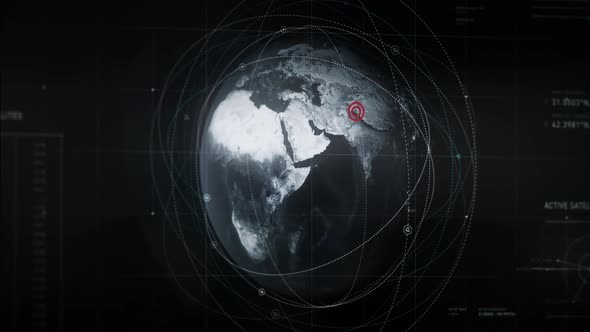 Satellites orbiting earth. Pakistan territory close up. Activate satellites. UI alt