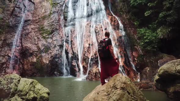 Namaung Waterfall Landscape on Koh Samui in Thailand and Figure Man