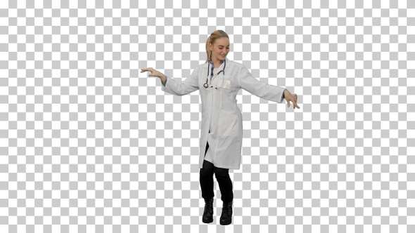 Smiling young woman in lab coat making funny dance, Alpha Channel