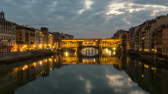Night Timelapse of Ponte Vecchio at Sunset, Florence, Tuscany, Italy.