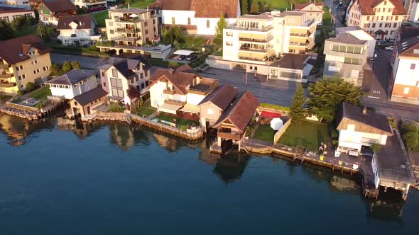 village by swiss lake  from drone view alt