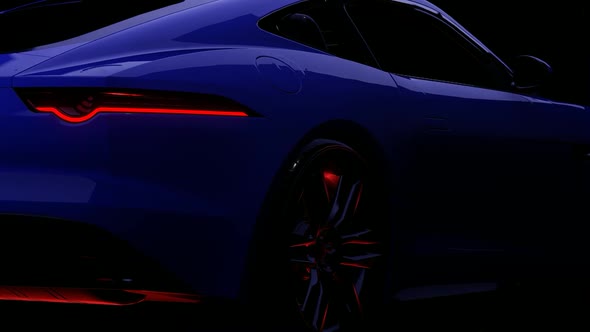 Luxury Blue Sports Car Driving Slowly In The Dark Back View alt