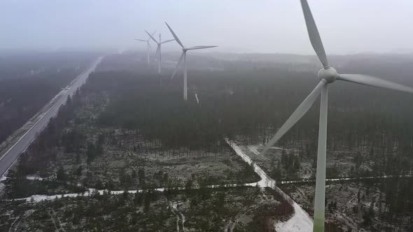 Closer Drone Point of View of Wind Generators in a Forest in Finland