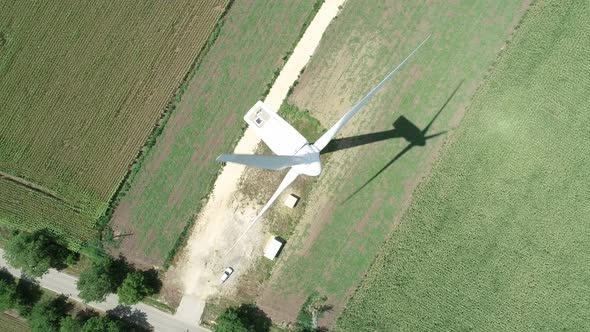 Top down view of windmill. Modern wind turbine. Wind is cleanest, renewable electric energy source.  alt