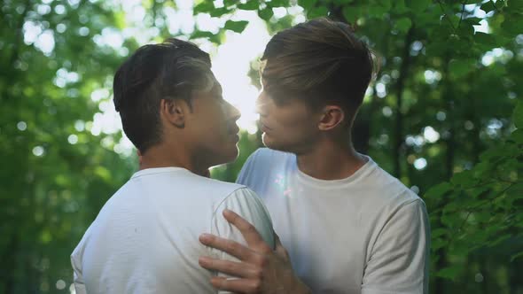 Young Men Kissing And Looking Each Other With Love Date In Park Gay