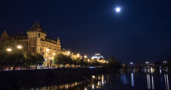 Timelapse of Vltava riverside at night