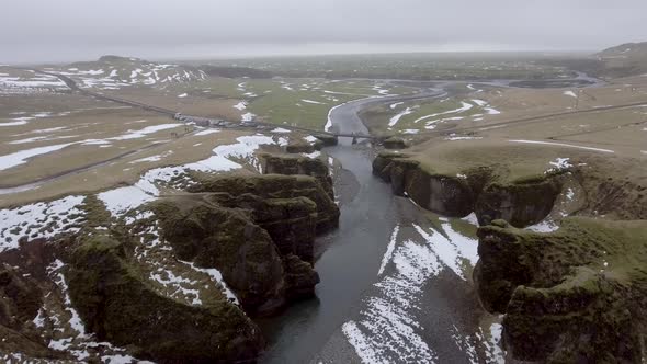 Aerial view of Fjadrargljufur canyon in southern Iceland