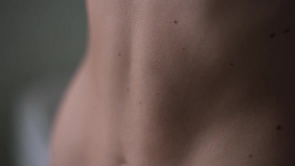 Closeup Slim Belly of Young Caucasian Woman in White Lace Bra Indoors alt