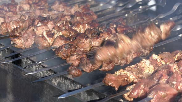 Appetizing Juicy Grilled Pork Barbecue Cooked on Charcoal Grill