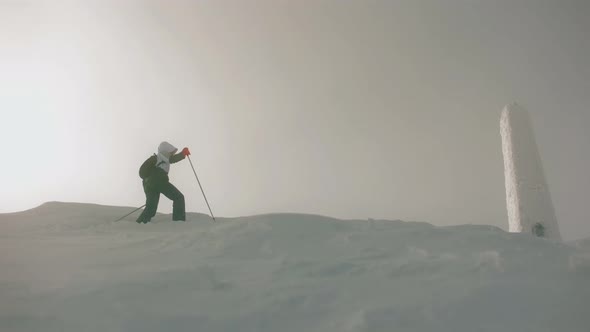 A Young Woman is Walking to the Top of a Snowcapped Mountain alt