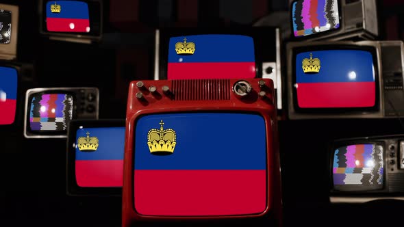 Flag of Liechtenstein on Retro TVs. 4K.