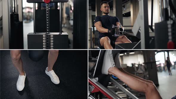 Collage of Athlete Bodybuilder Power Athletic Guy Execute Exercise in Gym Power Lifting and Free alt