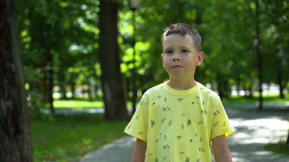 The boy is walking in the park among the green trees in the background alt