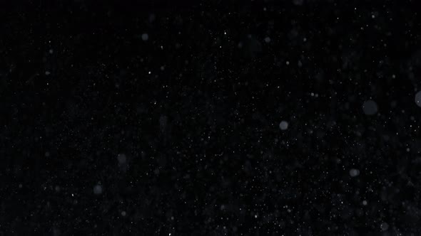Super Slow Motion Shot of Falling Snow Flakes at 1000Fps Isolated on Black Background. alt