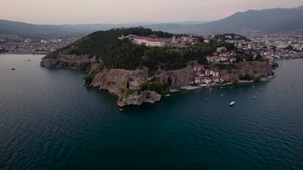 Amazing  drone view from the Church of St. John at Kaneo Ohrid. alt