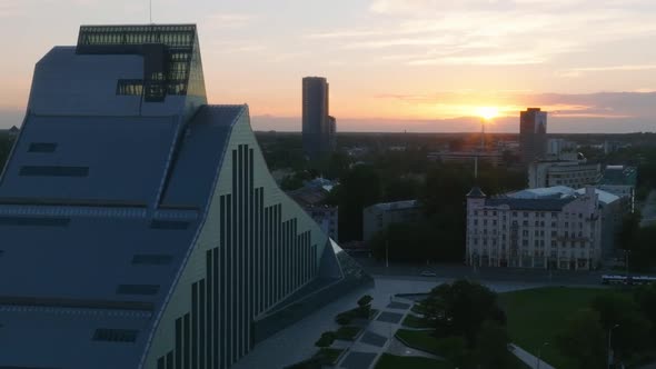 Aerial View of the Latvian National Library at Sunset in Riga Latvia alt