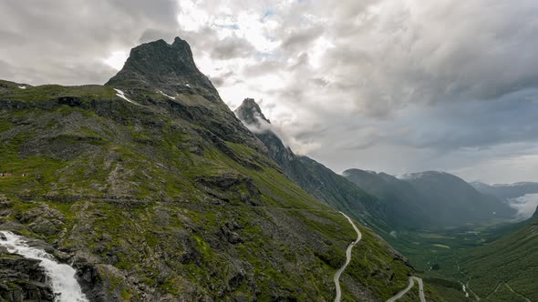 Trollstigen Mountain Road And Pass From The Trolls Path Viewpoint Near Stigfossen Waterfall In Norwa alt